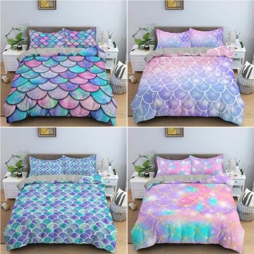 2/3Pcs Fish Scales Girls Kids Bedding Set Colorful Mermaid Duvet Cover Set Comforter Bedding Quilt Cover with Pillowcase