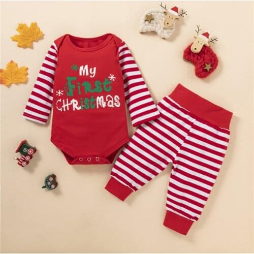 2Pcs Newborn Baby Boys Girls Spring Autumn Clothes Sets Christmas Letter Print Romper Stripe Pants Xmas Outfits