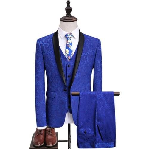 Mens suit mens high quality blue printed suit three-piece suit (jacket + pants + vest) mens wedding banquet suit