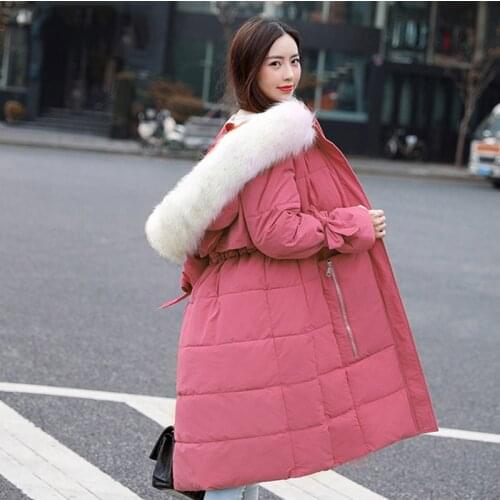 Winter Large Fur Collar Hooded Long Jacket Overcoat Women Thick Zipper Cotton Padded Parka Elegant Sash Tie Up Outwear