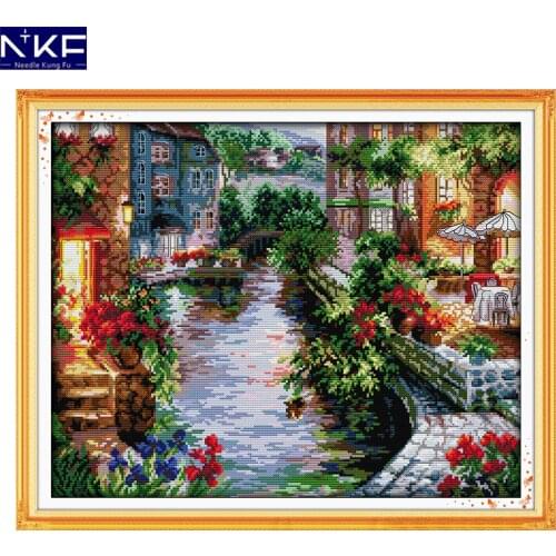 NKF The Lakeside Houses Chinese Cross Stitch Pattern Painting Needlework Embroidery Scenery Cross Stitch Kits for Home Decor