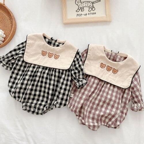 Newborn baby girl clothes 0-24M baby one-piece romper spring and autumn girl long-sleeved plaid ass jumpsuit doll collar romper