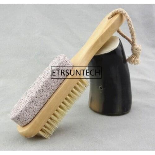 Natural Handle Bristle Pumice Stone Rub Feet Foot Exfoliating Dead Skin Remover Spa Massager Wooden Brush F1788