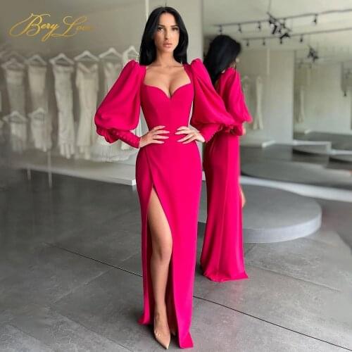 Berylove Rose Red Prom Dress Long Lantern Sleeve Sweetheart Neck Party Dress Side Slit Evening Dress robe de soirée de mariage
