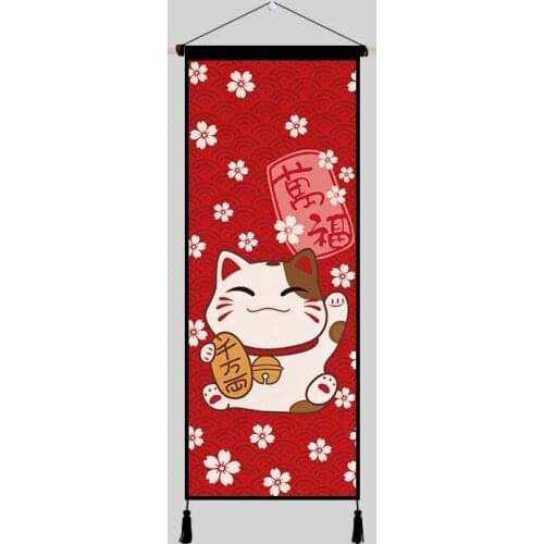Japanese Style Lucky Cat Scroll Hanging Painting Ins Wall Paintings Art Canvas Posters for Dining Room Decor Tapestry Home Decor