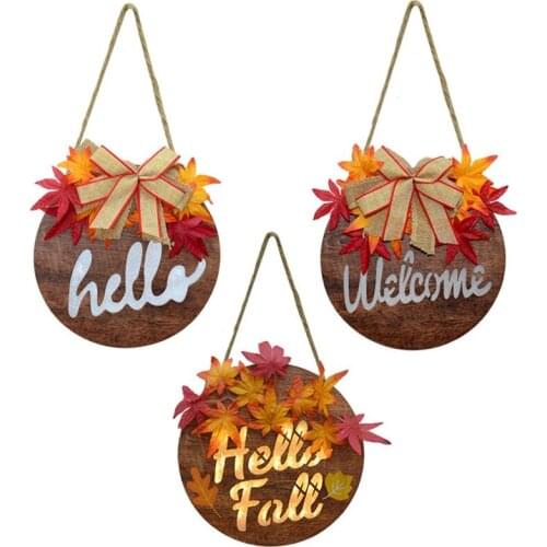 Door Welcome Maple Leaf Hanging Ornament Round Wooden Pendant Hello Door Decor Sign Leaf Home DIY Decoration