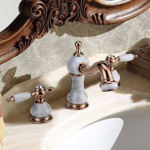 Luxury Brass Natural jade 3 Holes 2 Handles Bathroom sink faucet High Quality Modern Basin Cold hot water Artistic Tap,Rose gold