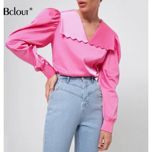 Bclout Vintage Peter Pan Collar Satin Women' Shirt Office Lady Lantern Sleeve Pink Shirt Autumn Top Elegant Fashion Woman Blouse