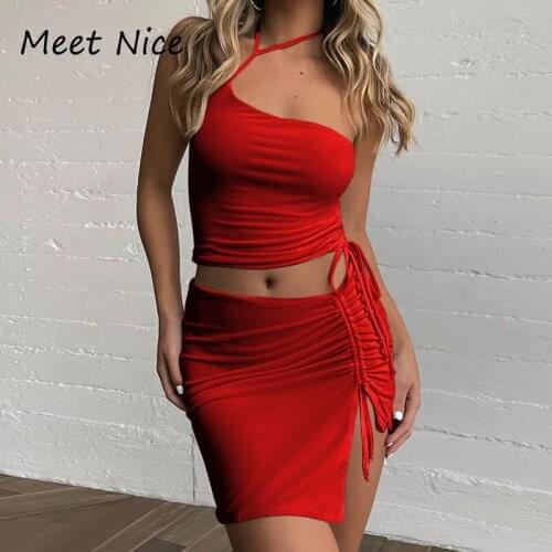 Sexy Halter Neck Sleeveless Top Ruched Bodycon Mini Skirt Two Piece Outfits for Women Party Night Club Side Lace Up Skirts Set