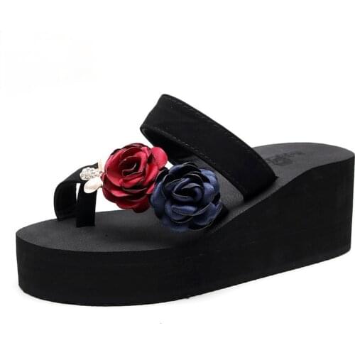 Wedge Heel Slippers Female Fashion Flower Sandals Temperament High-Heeled Non-Slip Thick-soled Sandals Outer Shoes Flip Flops