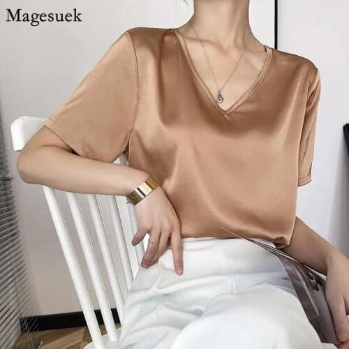 Vintage Summer Womens Blouses 2021 New Short Sleeve V Neck Elegant Silk Satin Shirt Korean Fashion Tops White Shirt Blusa 14681