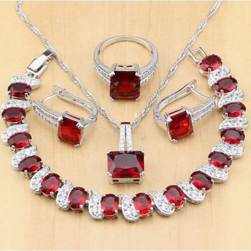 925 Silver Jewelry Red Cubic Zirconia White CZ Beads Jewelry Sets Women Earrings/Pendant/Necklace/Rings/Bracelet