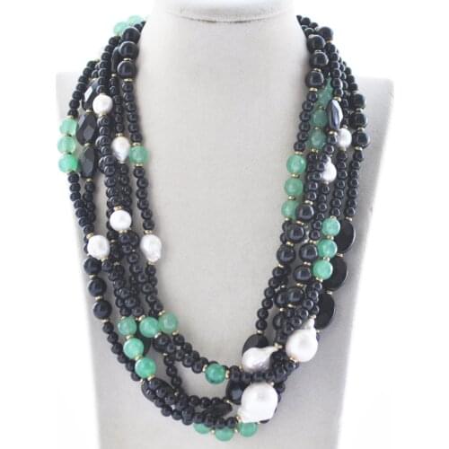 Z10665 6Row 22" 22mm White Drip Keshi Pearl Green Jade Black Agate Necklace