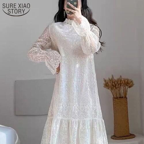 2021 Autumn Mid-length Mid-calf Long Dress Sweet Temperament Lace Dress Solid A-Line Flare Sleeve Stand-up Collar Dress 12044