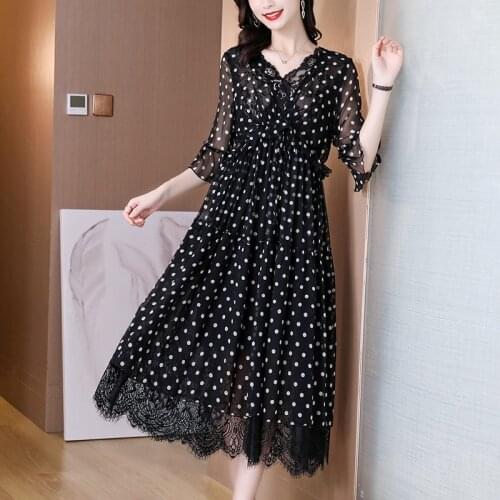 Summer Black Dot Mulberry Silk Maxi Dress Women Casual Vintage Lace Beach Vacation Midi Dress 2021 Elegant Bodycon Party Vestido