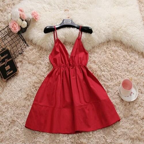 2019 summer new female Deep V-neck spaghetti strap Waist Backless fairy dress womens solid color slim sling A-line dresses