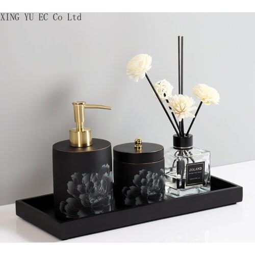 Bathroom Supplies Matte Black Lotion Bottle Cotton Swab Box 150ML Aromatherapy Bottle Tray Bathroom Decoration Accessories