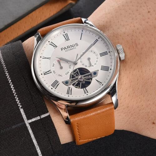 Parnis 43mm White Dial Automatic Mens Watch Leather Strap Date Week Flywheel Function Mechanical Wristwatch Men