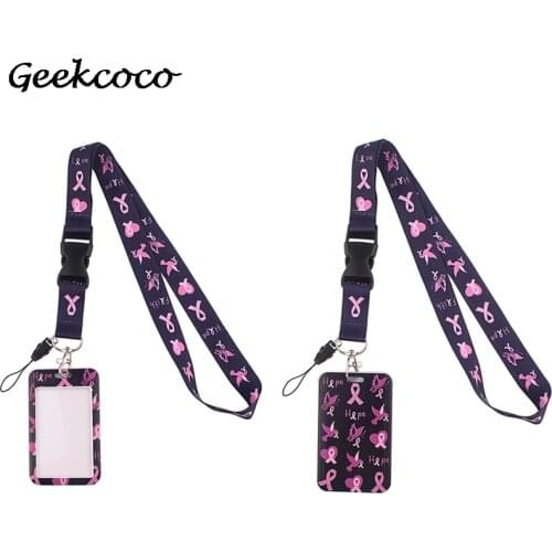 J1987 Prevent breast cancer Card Holders Case Phone Key Badge Camera USB Holders Neck Rope Lanyard with Keyring