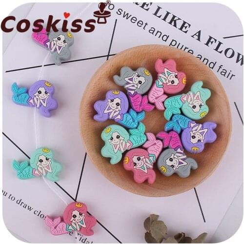 Coskiss 5pcs Silicone Mermaid Beads DIY Baby Cartoon Teether Shower Necklace Chewing Pacifier Dummy Sensory Toy Accessories