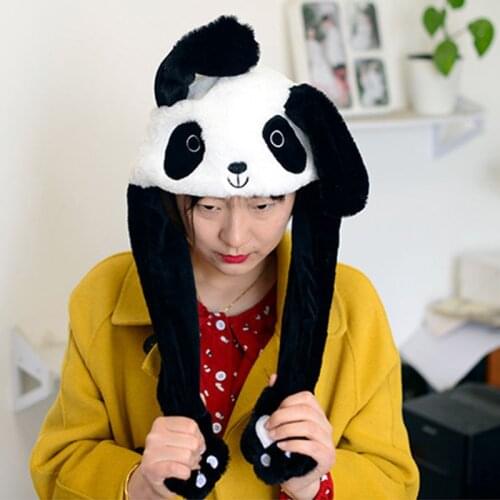 Children Adult Short Plush Cute 3D Cartoon Panda Animal Hat with Moving Ears Double Airbag Paws Warm Earflap Cap Toy Party Props