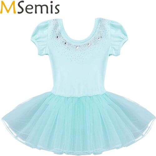 Kids Girls Mesh Bubble Sleeves Sparkly Rhinestones Tutu Ballet Dance Dress Children Gymnastics Leotard Ballerina Dance Costume