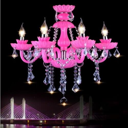 E14 Pink Crystal Candle Chandelier Princess Room Children Bedroom Decor Pendant Light Hotel Villa Restaurant Lobby Hanging Lamp
