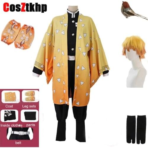Adult and kids Anime Demon Slayer Cosplay Costume Agatsuma Zenitsu Kimetsu no Yaiba Cosplay Costume Men Kimono Yellow Uniform