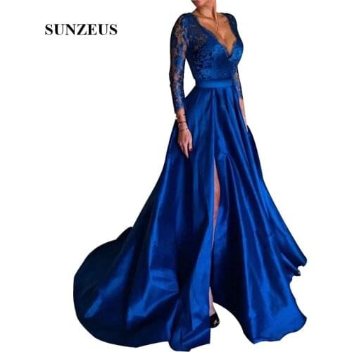Lace Long Sleeves Evening Gowns 2019 A-line V-neck Long Satin Formal Dress Royal Blue Women Party Gowns With Silt