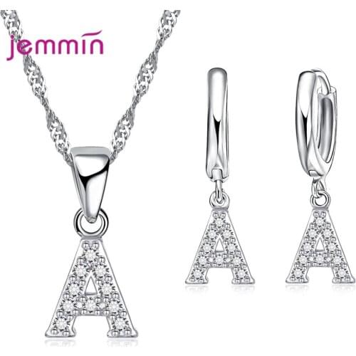 Hot Sale Women Korean 26 Letters Clear Crystal 925 Sterling Silver Jewelry Sets Alphabet Pendant Necklaces Drop Earrings Bijoux