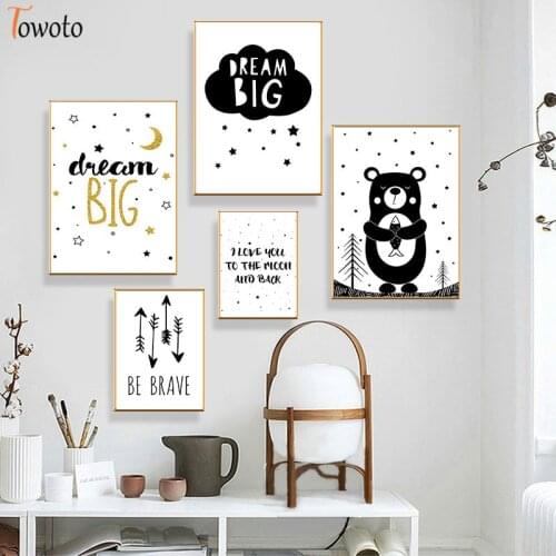 Kids Bedroom Wall Art Poster Big Dream Quote Canvas Painting Decorative Picture Nordic Decoration Print Bear Boy Playroom Decor