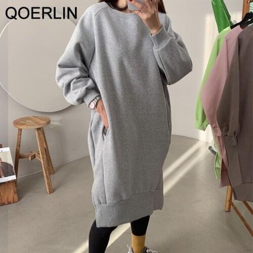 QOERLIN Pocket Raglan Sleeve Loose O-Neck Plus Velvet Warm Sweatshirts Dress Fall Winter Thick Mid-length Side Split Dresses 2XL