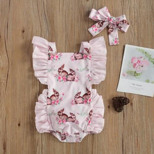 Baby Girls Casual Suit Summer 2021, Square Neck Backless Cartoon Rabbit Print Falbala Elastic Romper, Bow Headband