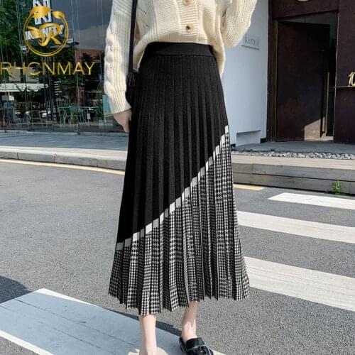 Luxury Geometric Long Knit Women Pleated Skirt Autumn Winter Thick Warm A Line Skirt Elgant Knitted Sweater Skirt Femme