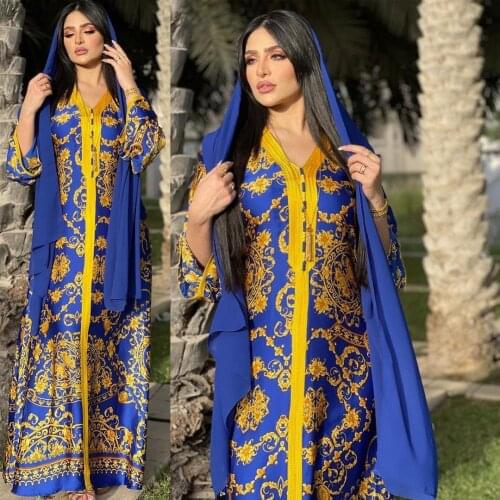 Middle East Arab Womens Muslim Satin Robe Southeast Asia Middle East Blue Fashion Printed Dress For Eid Without Turban