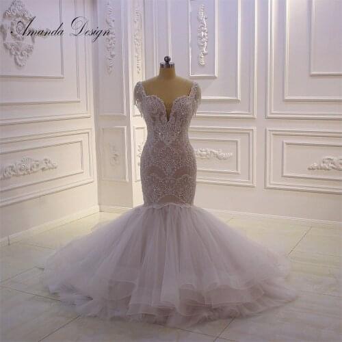 Amanda Design vestidos de novia 2019 Cap Sleeve Lace Appliques Tiered Mermaid Wedding Dress