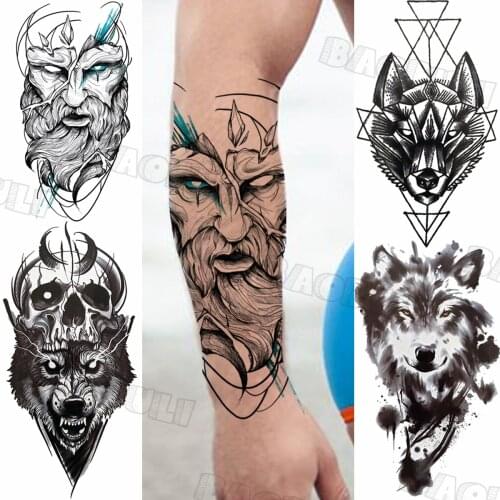 Big Tribal Warrior Punk Temporary Tattoos For Women Adult Geometric Wolf Skull Realistic Fake Tattoo Washable Body Art Tatoos
