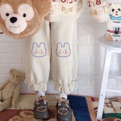 Japanese Kawaii Soft Girl Sweatpants Women Sweet Cute Cartoon Rabbit Embroidery Corduroy Wide Leg Pants Ruffles Loose Trousers
