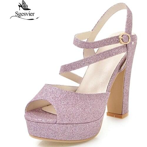 Sgesvier Woman Sandals Thick Heel High Heels Shining 2018 Women Sandals Plus Size 32-43 Gold Silver Purple Female Footwear OX421