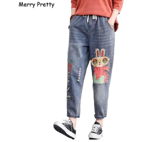 Womens Denim Pants Cartoon Appliques Embroidery Pockets Jeans For Girl 2020 Spring New High Waist Streetwear Pant MERRY PRETTY