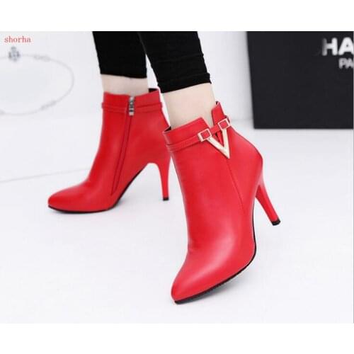 New classic red Spring Autumn Stiletto Thin High Heels Pointed Toe Faux Leather Zipper Style Sexy Ankle Womens Boots