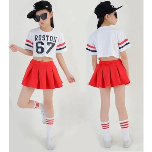 Girl Hip Hop Costume Short-sleeve White T-shirt Red Skirt Jazz Costume Cheerleading Cheerleader Dress