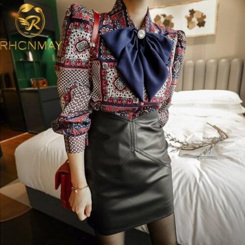 Womens Autumn 2 Pieces Sets Sweet Long Sleeve Bow Print Top + Black Leather High Waist A-line Skirt Simple Work Occupation Sets