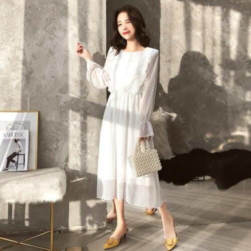 Women Ruffles Polka Dot Chiffon Long Dress Ladies Elastic Waist Flare Sleeve Female Vestidos White Dresses
