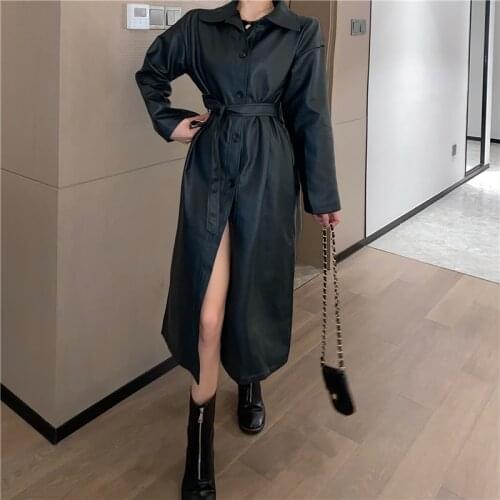 2021 New Lace Up Leather Long Handsome Coat Elegant Loose Female Trench Coat With Belt New Fashion Single Breasted Coat