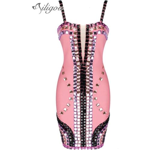 Ailigou Free Shipping 2021 New Fall Fashion Elegant Bead Design Sexy Sleeveless Celebrity Party Club Mini Bandage Dress Vestidos