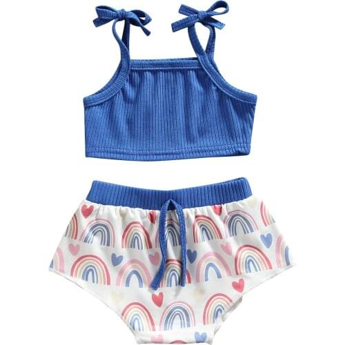 Childrens Clothing For Newborn 2021 Summer Cotton Fresh Solid Color Suspender Tops Printing Shorts 2Pcs Baby Girl Clothes 0-24M