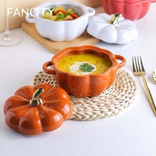 FANCITY Cute pumpkin bowl creative personality household ceramic tableware small soup bowl with lid dessert bowl binaural baking