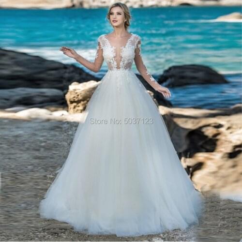 Deep V Neck Beach A Line Wedding Dresses Long Sleeves Lace Appliques Bridal Gown Sweep Train Button Backless Vestido De Noiva