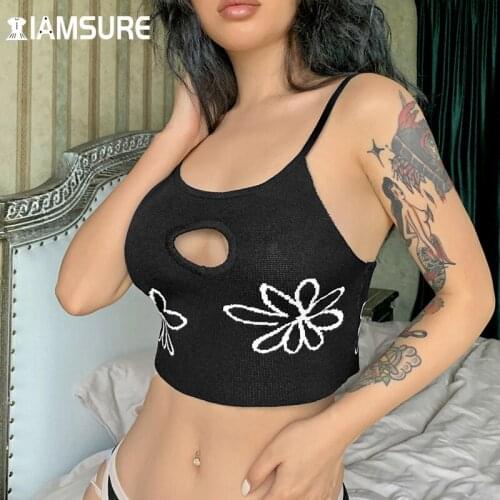 IAMSURE Sexy Hollow Out Floral Camis Slim Sleeveless Spaghetti Straps Knitted Crop Tops Women 2021 Beach Style Holiday Tank Top